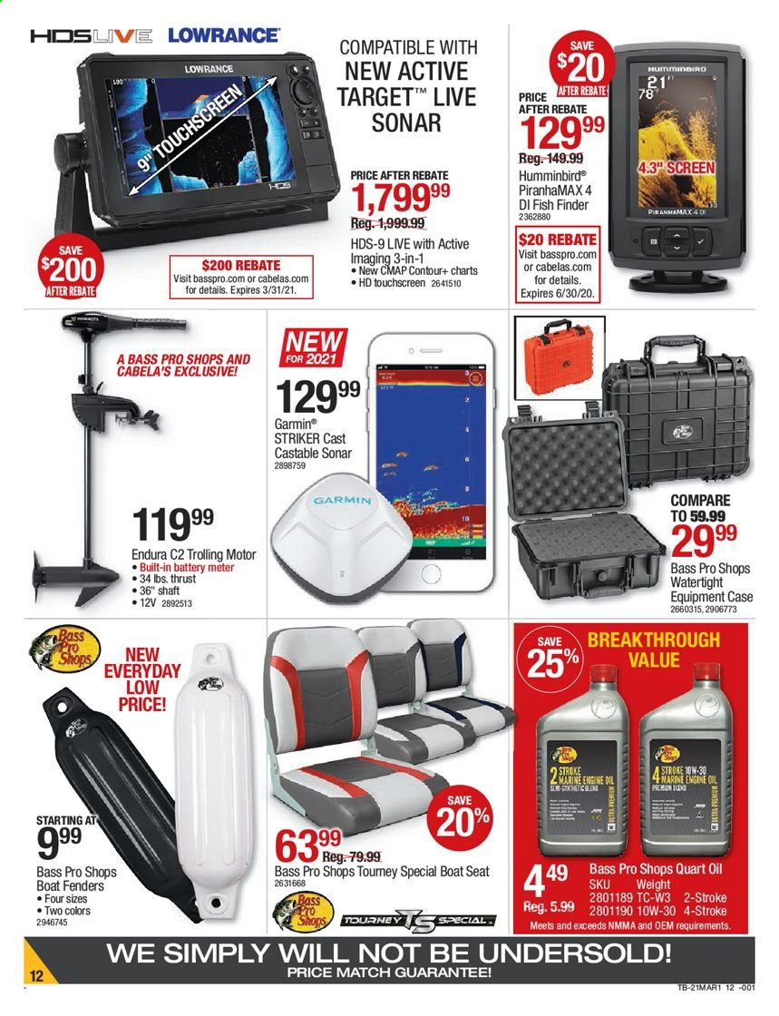 thumbnail - Cabela's Flyer - 02/25/2021 - 03/10/2021 - Sales products - battery, Garmin, Bass Pro, fish finder, Lowrance, sonar, boat, boat seat. Page 12.