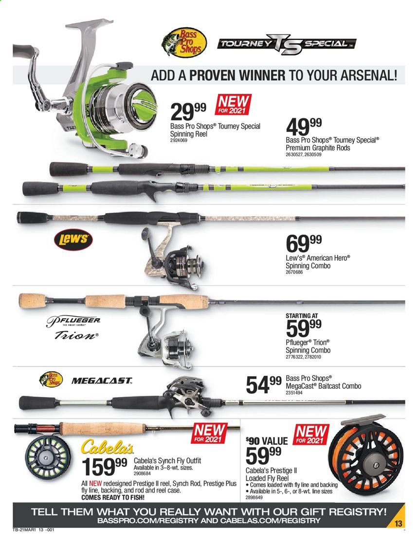 thumbnail - Cabela's Flyer - 02/25/2021 - 03/10/2021 - Sales products - baitcast combo, Bass Pro, reel, spinning reel. Page 13.