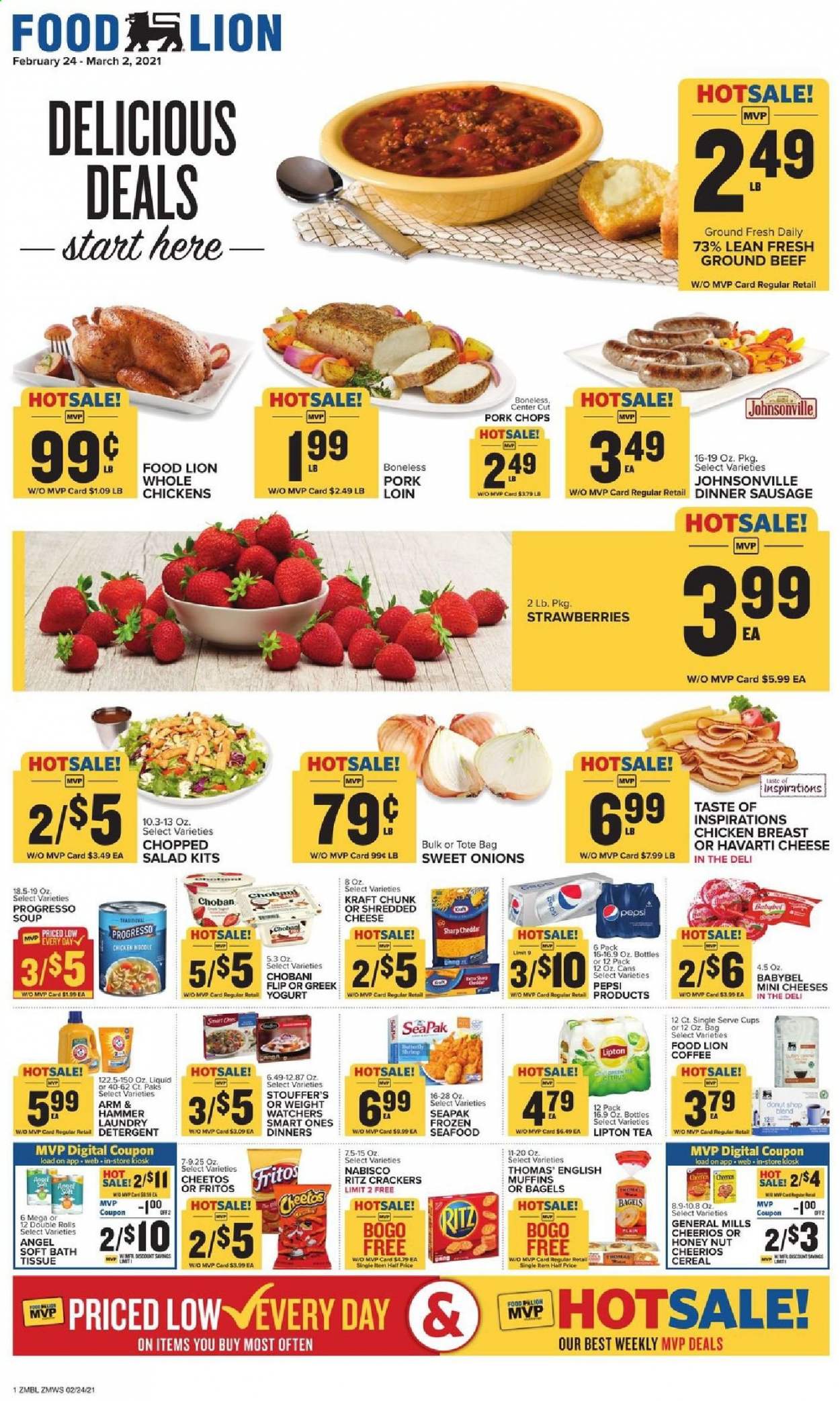thumbnail - Food Lion Flyer - 02/24/2021 - 03/02/2021 - Sales products - Johnsonville, bagels, muffin, seafood, english muffins, salad, Progresso, Kraft®, sausage, shredded cheese, Havarti, cheddar, Babybel, yoghurt, strawberries, Stouffer's, crackers, RITZ, Cheetos, ARM & HAMMER, cereals, Fritos, Cheerios, noodles, Pepsi, Lipton, tea, coffee, chicken breasts, beef meat, ground beef, pork loin, pork meat, bath tissue, detergent, cup, Sharp. Page 1.