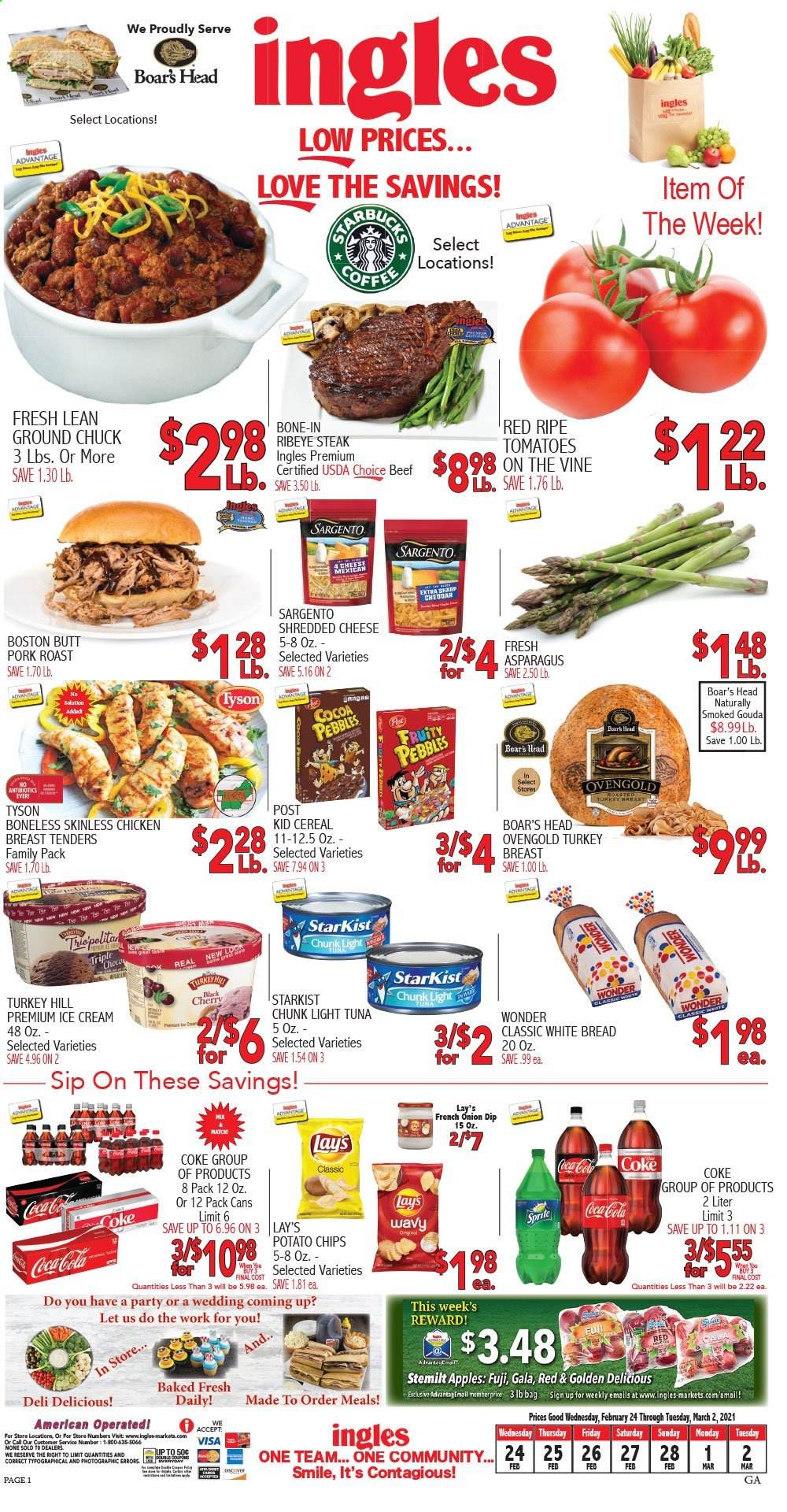 thumbnail - Ingles Flyer - 02/24/2021 - 03/02/2021 - Sales products - Golden Delicious, bread, white bread, apples, tuna, StarKist, gouda, shredded cheese, cheddar, Sargento, dip, ice cream, potato chips, chips, Lay’s, cocoa, light tuna, cereals, Fruity Pebbles, Coca-Cola, coffee, turkey breast, chicken breasts, beef meat, beef steak, ground chuck, steak, bone-in ribeye, ribeye steak, pork meat, pork roast. Page 1.