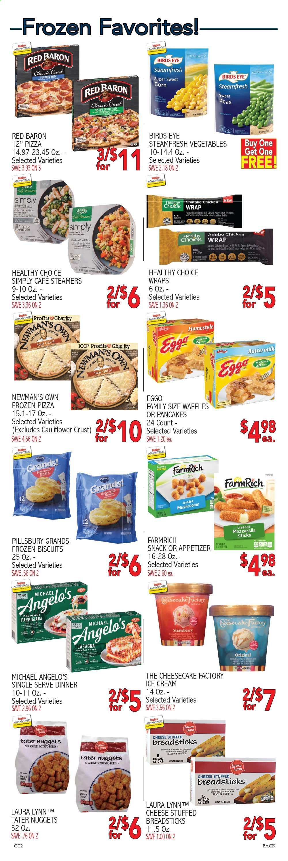 thumbnail - Ingles Flyer - 02/24/2021 - 03/02/2021 - Sales products - mushrooms, eggplant, bread, bread sticks, pancakes, waffles, pizza, nuggets, sauce, Pillsbury, Bird's Eye, chicken wrap, lasagna meal, Healthy Choice, pepperoni, mozzarella, cheese, buttermilk, sour cream, ice cream, beans, cauliflower, corn, peas, sweet corn, Red Baron, biscuit, snack, flour, pinto beans, adobo sauce, vinaigrette dressing, pesto, chilli sauce, chicken breasts, pulled chicken, Ace. Page 6.