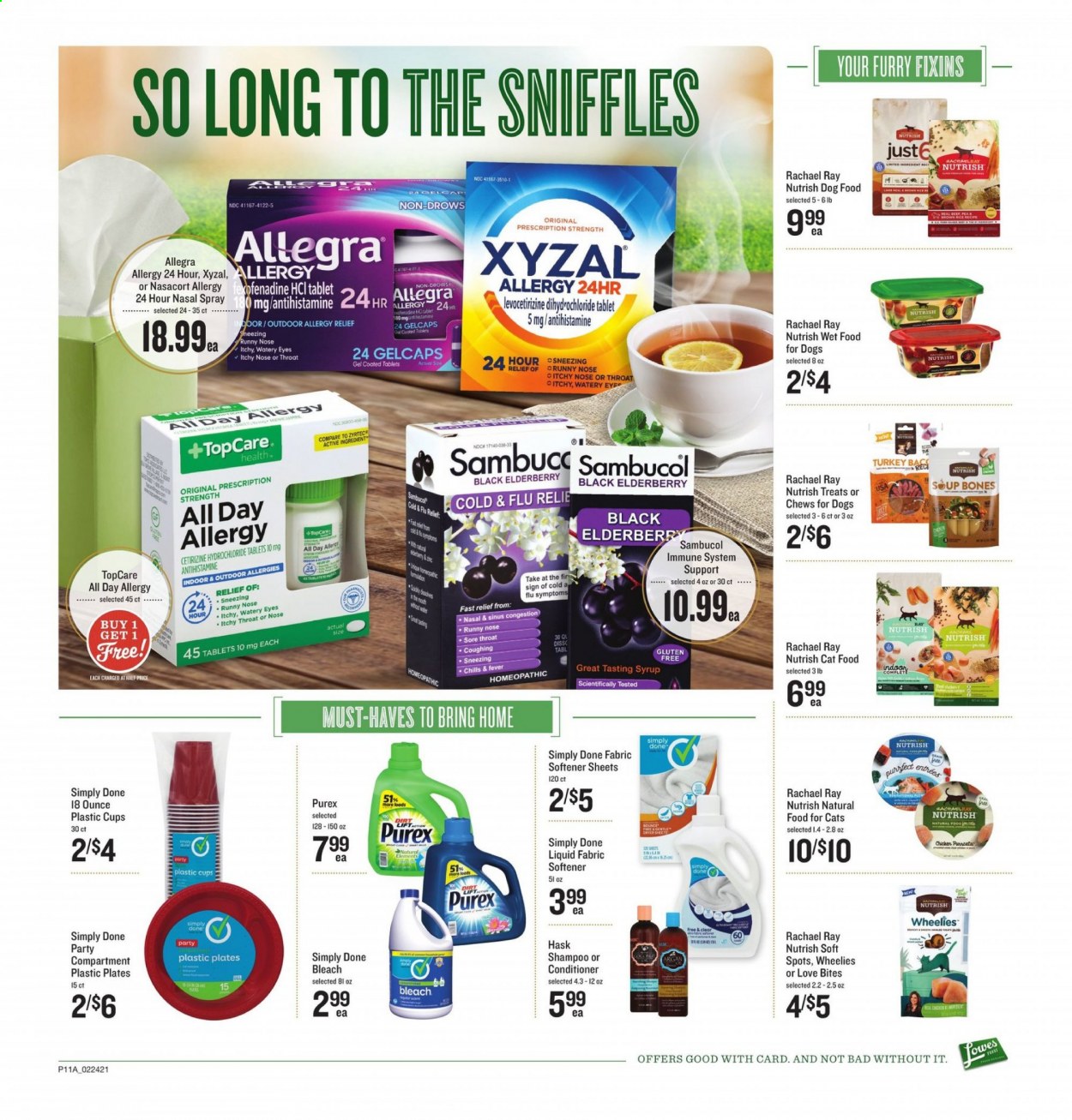 thumbnail - Lowes Foods Flyer - 02/24/2021 - 03/02/2021 - Sales products - soup, chewing gum, syrup, fabric softener, bleach, Purex, shampoo, conditioner, Hask, animal food, cat food, dog food, Nutrish, Cold & Flu, Zyrtec, Sambucol, nasal spray, allergy relief. Page 11.