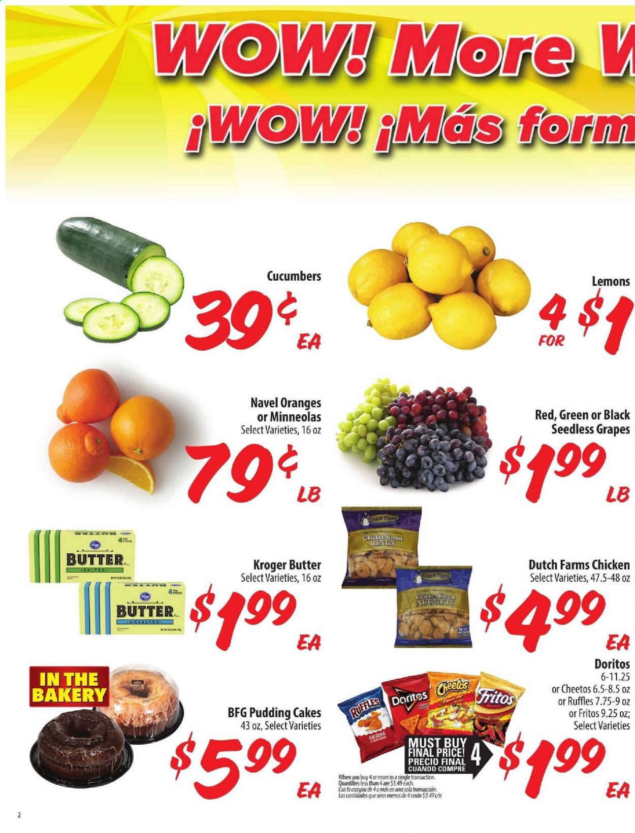 thumbnail - Food 4 Less Flyer - 02/24/2021 - 03/02/2021 - Sales products - seedless grapes, cake, oranges, nuggets, butter, Doritos, Cheetos, Ruffles, cucumber, Fritos, chicken breasts. Page 3.