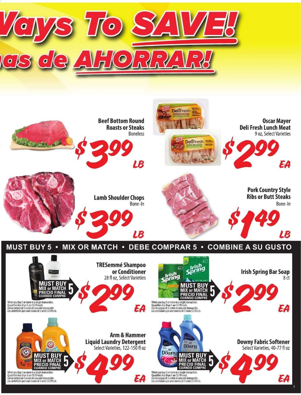 thumbnail - Food 4 Less Flyer - 02/24/2021 - 03/02/2021 - Sales products - Oscar Mayer, lunch meat, ARM & HAMMER, steak, country style ribs, lamb meat, lamb shoulder, detergent, fabric softener, laundry detergent, shampoo, soap bar, soap, conditioner, TRESemmé. Page 4.