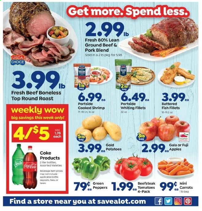 thumbnail - Save a Lot Flyer - 02/24/2021 - 03/02/2021 - Sales products - apples, fish fillets, fish, shrimps, whiting, carrots, Coca-Cola, beef meat, ground beef, round roast, pork meat. Page 4.