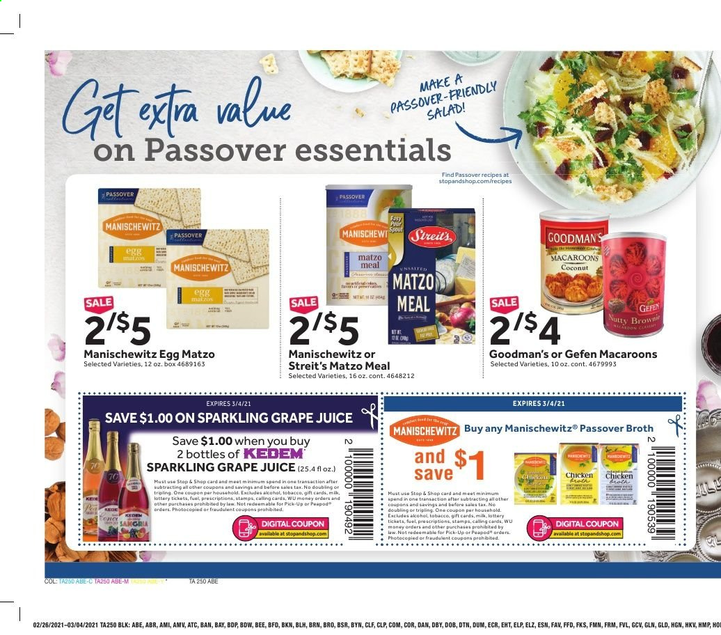 thumbnail - Stop & Shop Flyer - 02/26/2021 - 03/04/2021 - Sales products - brownies, macaroons, coconut, salad, milk, eggs, matzo meal, chicken broth, broth, juice. Page 11.