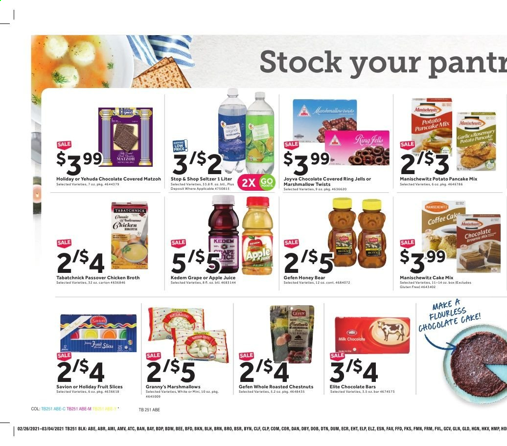 thumbnail - Stop & Shop Flyer - 02/26/2021 - 03/04/2021 - Sales products - brownie mix, cake mix, pancakes, milk chocolate, fruit slices, chicken broth, broth, honey, chestnuts, apple juice, juice, seltzer water, coffee, Savion. Page 13.
