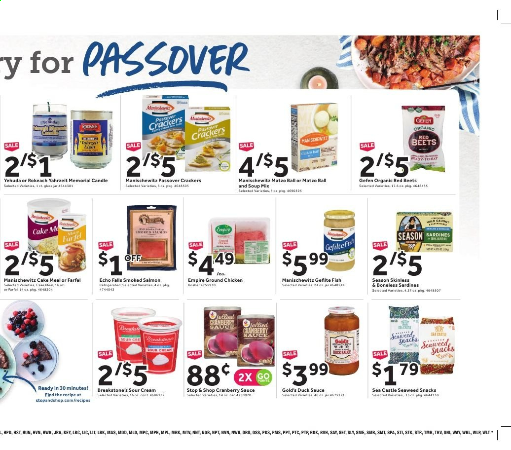 thumbnail - Stop & Shop Flyer - 02/26/2021 - 03/04/2021 - Sales products - cake, ground chicken, salmon, sardines, smoked salmon, fish, soup mix, soup, sauce, sour cream, crackers, snack, seaweed, duck sauce, cranberry sauce, Castle, candle. Page 14.