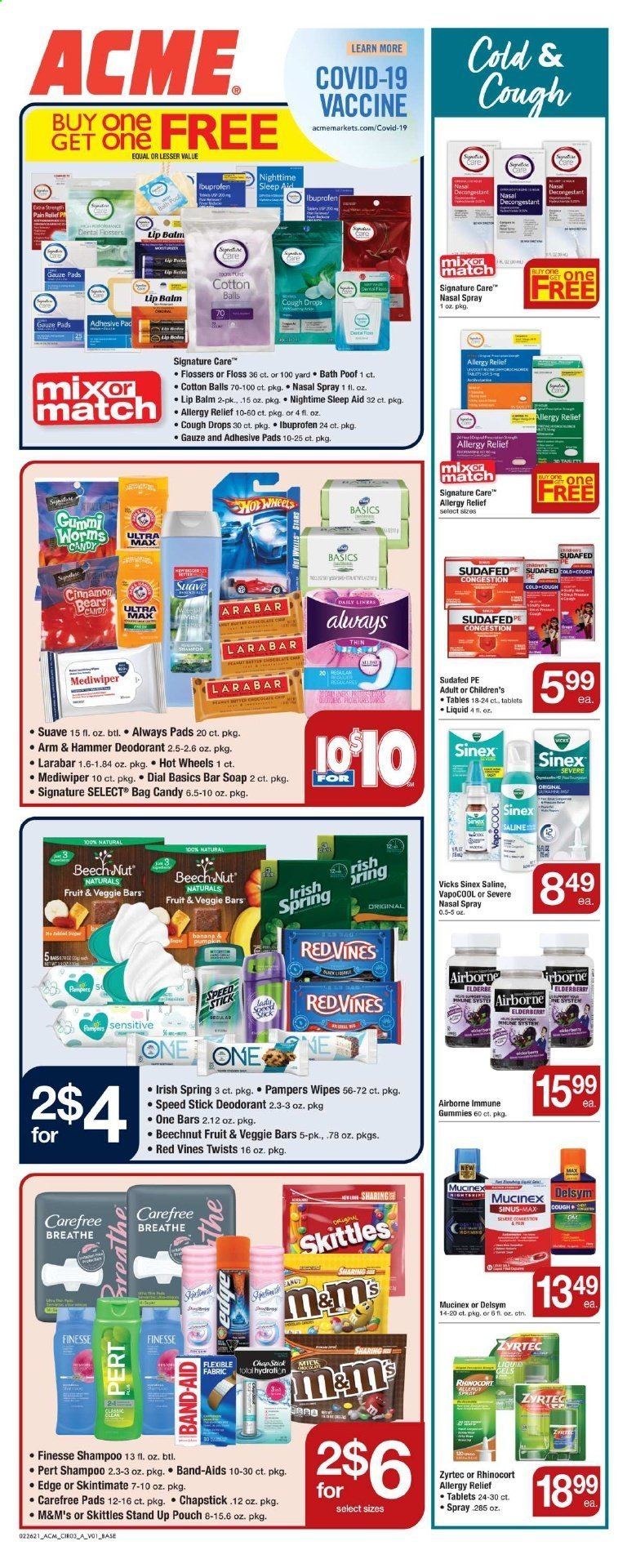 thumbnail - ACME Flyer - 02/26/2021 - 03/04/2021 - Sales products - milk, M&M's, Skittles, ARM & HAMMER, cinnamon, Pampers, cotton balls, wipes, shampoo, Suave, soap bar, Dial, soap, Always pads, Carefree, lip balm, anti-perspirant, Speed Stick, deodorant, Yard, Vicks, bag, Hot Wheels, Delsym, Mucinex, Sudafed, Zyrtec, Ibuprofen, cough drops, nasal spray, allergy relief, Sinex. Page 4.