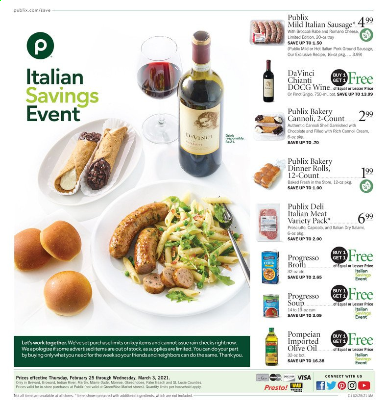 thumbnail - Publix Flyer - 02/25/2021 - 03/03/2021 - Sales products - dinner rolls, Progresso, salami, prosciutto, sausage, italian sausage, cheese, broth, olive oil, wine, Pinot Grigio. Page 1.