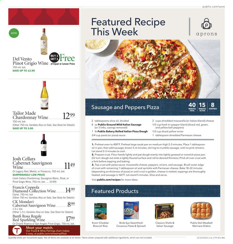 thumbnail - Publix Flyer - 02/25/2021 - 03/03/2021 - Sales products - bell peppers, Knorr, Bird's Eye, sausage, italian sausage, mozzarella, cheddar, parmesan, cheese, pizza dough, flour, topping, couscous, rice, pepper, pasta sauce, olive oil, Cabernet Sauvignon, sparkling wine, prosecco, Chardonnay, Merlot, Pinot Grigio, Sauvignon Blanc. Page 3.