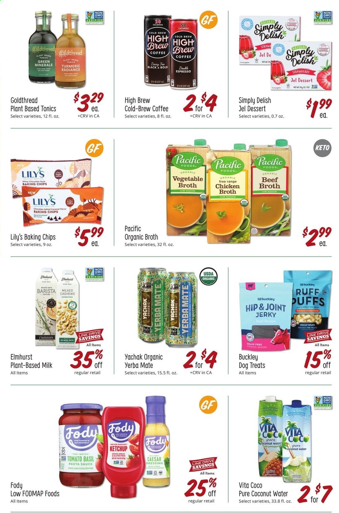 thumbnail - Sprouts Flyer - 02/24/2021 - 03/30/2021 - Sales products - puffs, sauce, jerky, milk, white chocolate, chocolate, beef broth, chicken broth, broth, baking chips, esponja, turmeric, caesar dressing, ketchup, pasta sauce, dressing, cashews, coconut water, coffee. Page 10.
