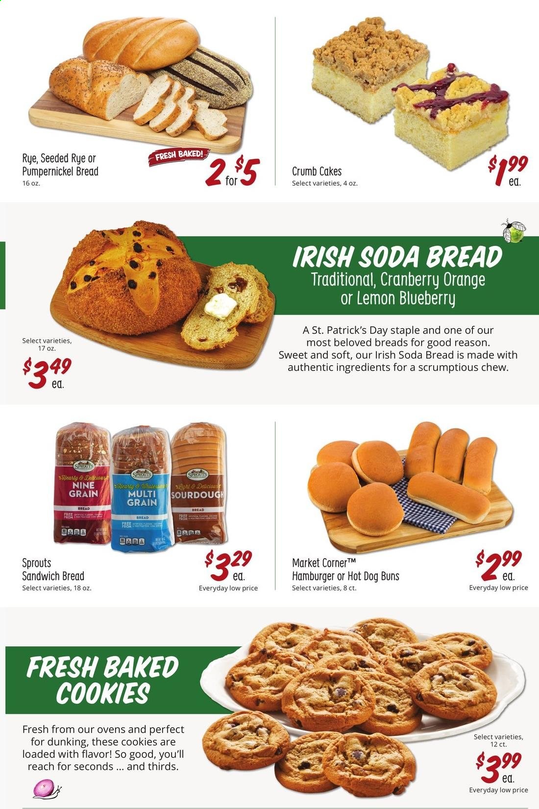 thumbnail - Sprouts Flyer - 02/24/2021 - 03/30/2021 - Sales products - bread, sourdough bread, soda bread, cake, buns, oranges, hot dog, sandwich, hamburger, cookies. Page 22.