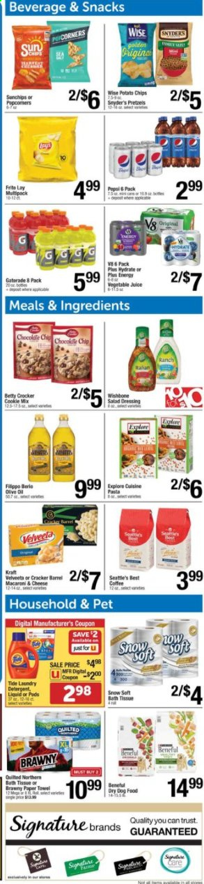 thumbnail - Shaw’s Flyer - 02/26/2021 - 03/04/2021 - Sales products - pretzels, macaroni & cheese, Kraft®, cookies, crackers, potato chips, chips, snack, pasta, salad dressing, dressing, Pepsi, juice, Gatorade, coffee, bath tissue, Quilted Northern, paper towels, detergent, Tide, laundry detergent, Trust, animal food, dog food, dry dog food. Page 3.