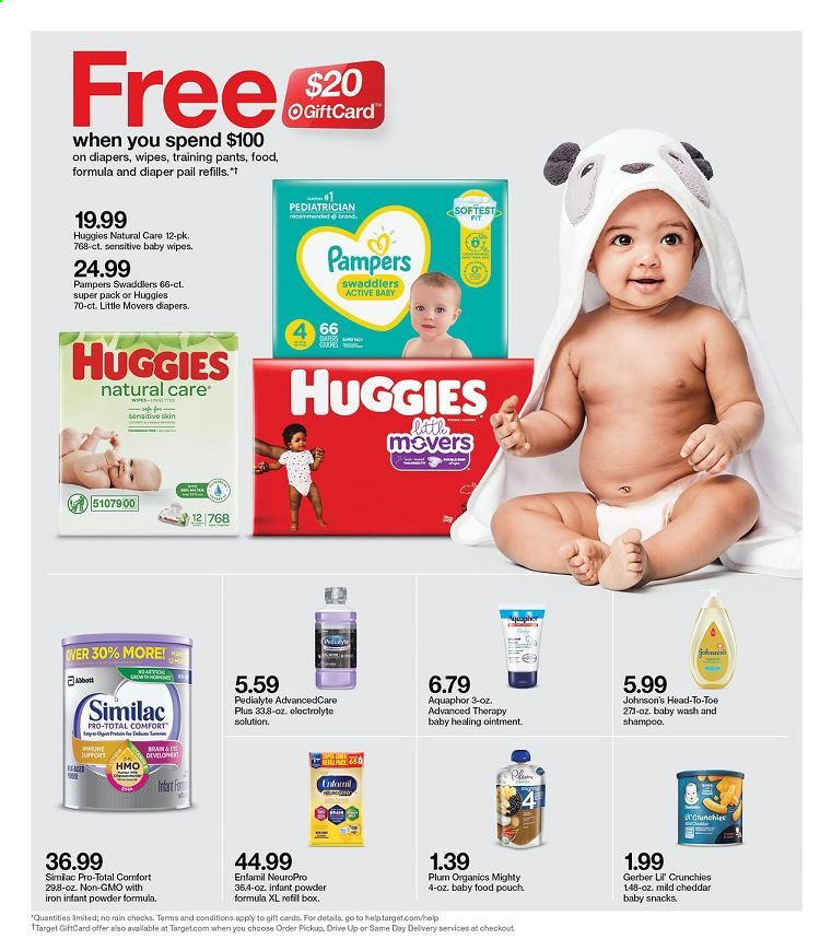 thumbnail - Target Flyer - 02/28/2021 - 03/06/2021 - Sales products - mild cheddar, Gerber, snack, Enfamil, Similac, baby food pouch, Huggies, Pampers, baby wipes, Johnson's, baby pants, Aquaphor, ointment, wipes, shampoo, iron, pants. Page 4.
