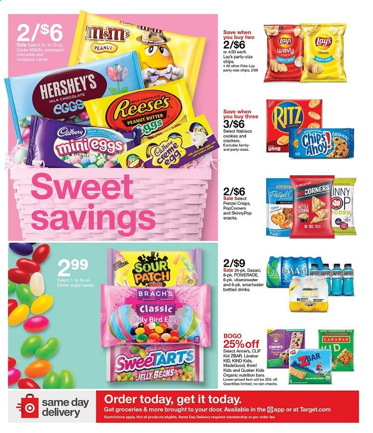 thumbnail - Target Flyer - 02/28/2021 - 03/06/2021 - Sales products - Quaker, Annie's, Reese's, Hershey's, cookies, milk chocolate, crackers, jelly beans, chocolate egg, Sour Patch, RITZ, kettle corn, chips, snack, Lay’s, popcorn, pretzel crisps, sugar, nutrition bar, peanut butter, Powerade, kettle. Page 13.