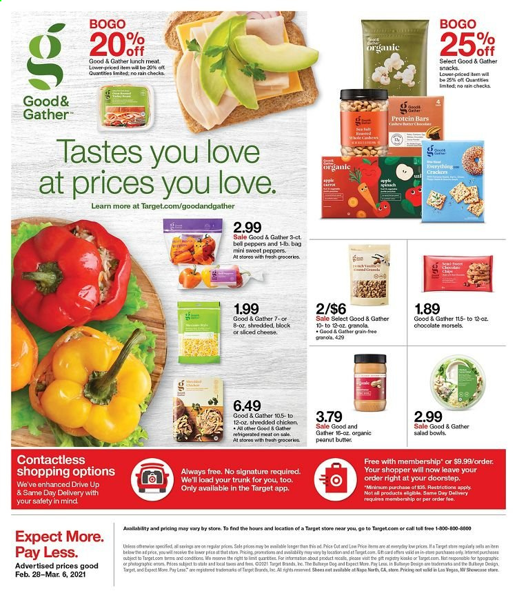 thumbnail - Target Flyer - 02/28/2021 - 03/06/2021 - Sales products - salad, lunch meat, sliced cheese, cheese, bell peppers, sweet peppers, chocolate, crackers, snack, sea salt, granola, protein bar, peanut butter, salad bowl. Page 16.