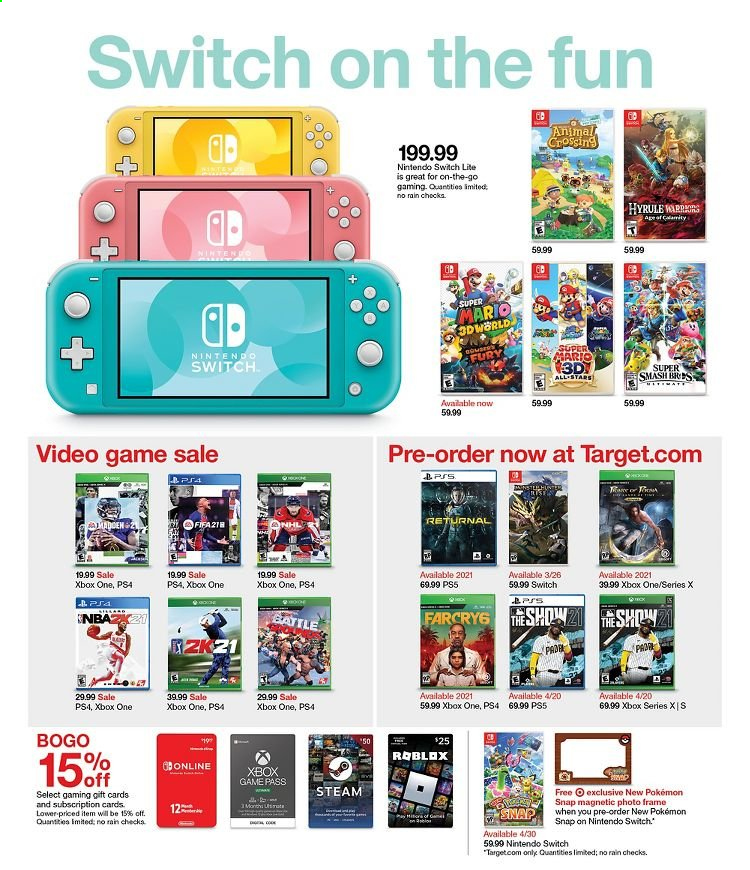 thumbnail - Target Flyer - 02/28/2021 - 03/06/2021 - Sales products - Nintendo Switch, Pokémon, Xbox One, PlayStation, Xbox, PlayStation 4, PlayStation 5, photo frame. Page 23.