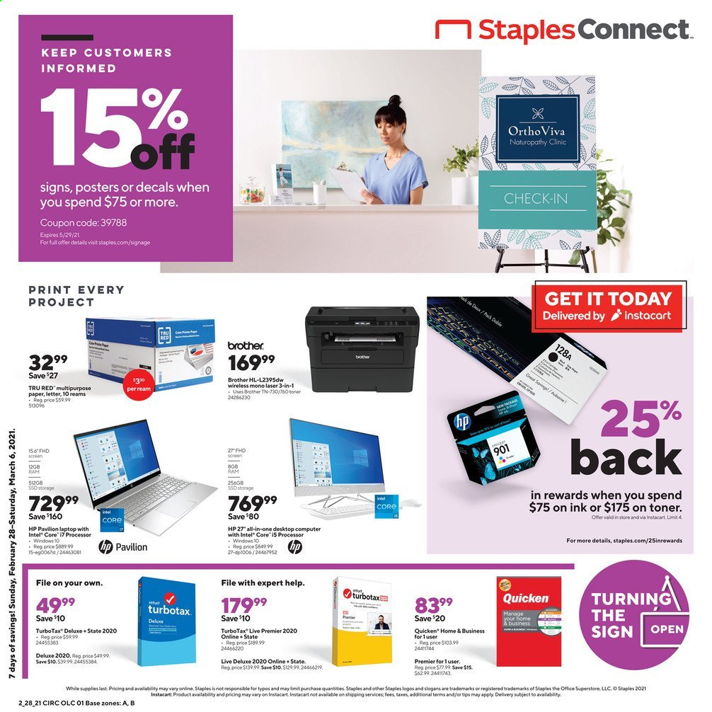 thumbnail - Staples Flyer - 02/28/2021 - 03/06/2021 - Sales products - Hewlett Packard, Brother, paper, desktop computer, laptop, computer, Intel, toner. Page 1.