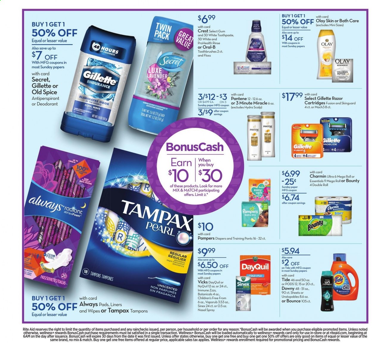 thumbnail - RITE AID Flyer - 02/28/2021 - 03/06/2021 - Sales products - Bounty, Pampers, baby pants, Charmin, wipes, Tide, Unstopables, Bounce, Old Spice, Oral-B, toothpaste, Crest, Tampax, Always pads, tampons, Olay, Pantene, anti-perspirant, deodorant, Gillette, Vicks, DayQuil, NyQuil, VapoRub, nasal spray, Sinex. Page 3.