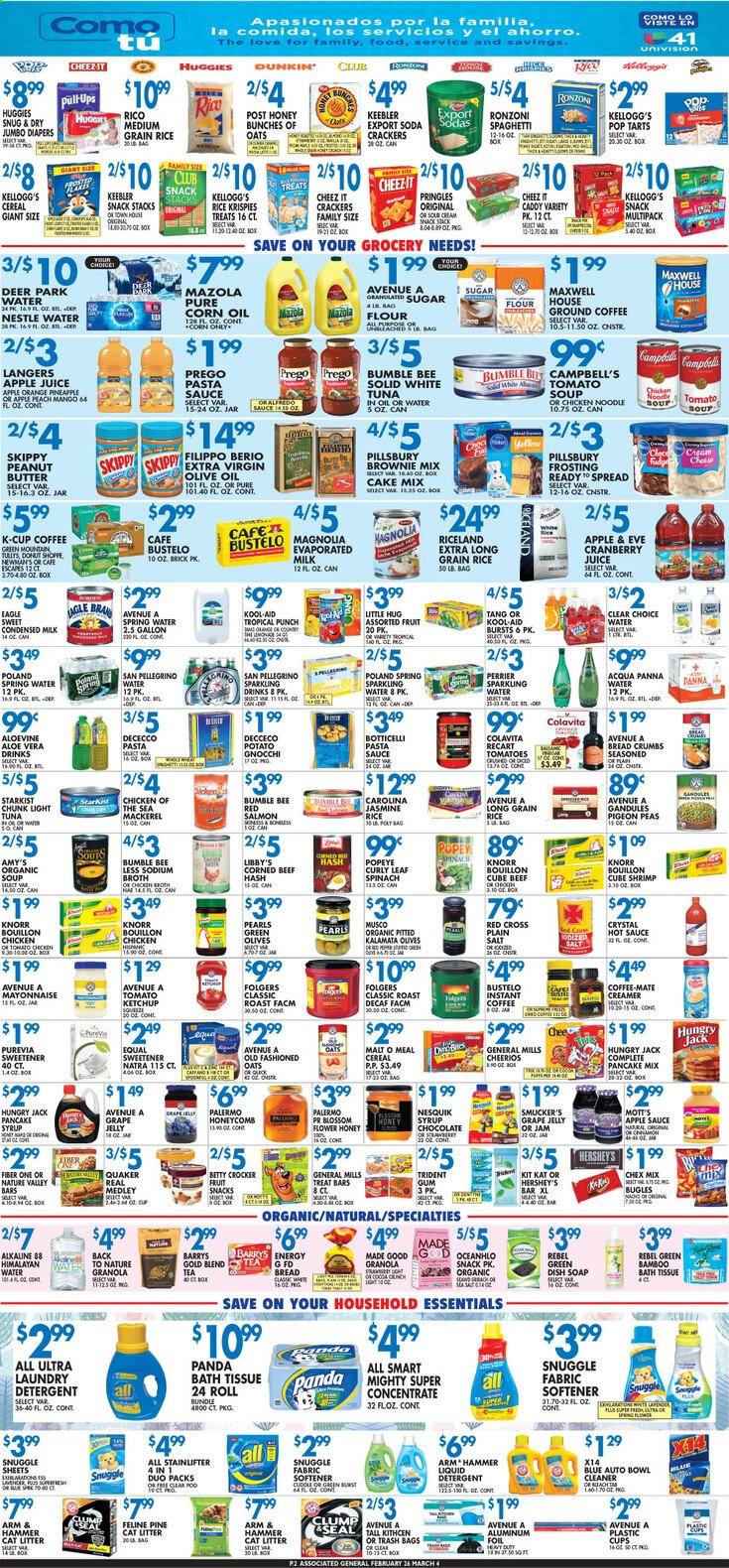 thumbnail - Associated Supermarkets Flyer - 02/26/2021 - 03/04/2021 - Sales products - brownie mix, cake mix, donut, pancakes, breadcrumbs, oranges, mackerel, salmon, tuna, shrimps, StarKist, beef hash, Campbell's, gnocchi, tomato soup, soup, Knorr, sauce, Pillsbury, Quaker, cheese, jelly, Coffee-Mate, evaporated milk, condensed milk, Blossom, sour cream, creamer, mayonnaise, Hershey's, corn, spinach, peas, fudge, Nestlé, chocolate, KitKat, crackers, Kellogg's, Nesquik, Trident, Pop-Tarts, fruit snack, Keebler, Pringles, Chex Mix, ARM & HAMMER, bouillon, flour, frosting, granulated sugar, sugar, oats, salt, broth, malt, olives, light tuna, Chicken of the Sea, cereals, granola, Cheerios, Rice Krispies, Nature Valley, Fiber One, spaghetti, toor dal, whole grain rice, noodles, long grain rice, hot sauce, ketchup, pasta sauce, corn oil, extra virgin olive oil, olive oil, apple sauce, grape jelly, fruit jam, peanut butter, syrup, apple juice, cranberry juice, soda, juice, Mott's, Perrier, spring water, sparkling water, Maxwell House, tea, instant coffee, Folgers, ground coffee, coffee capsules, K-Cups, Green Mountain, punch, beef meat, corned beef, Huggies, bath tissue, detergent, cleaner, Snuggle, fabric softener, laundry detergent, soap, trash bags, cat litter, bowl, pineapple. Page 2.
