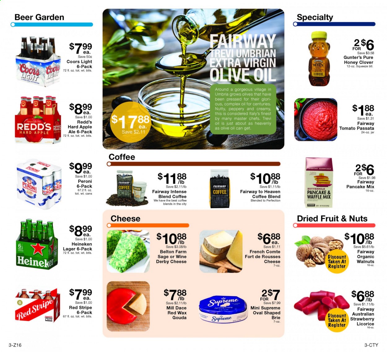 thumbnail - Fairway Market Flyer - 02/26/2021 - 03/04/2021 - Sales products - Coors, pancakes, gouda, cheese, brie, Clover, buttermilk, olives, tomato sauce, extra virgin olive oil, olive oil, honey, walnuts, dried fruit, coffee, wine, beer, Heineken, Peroni. Page 3.