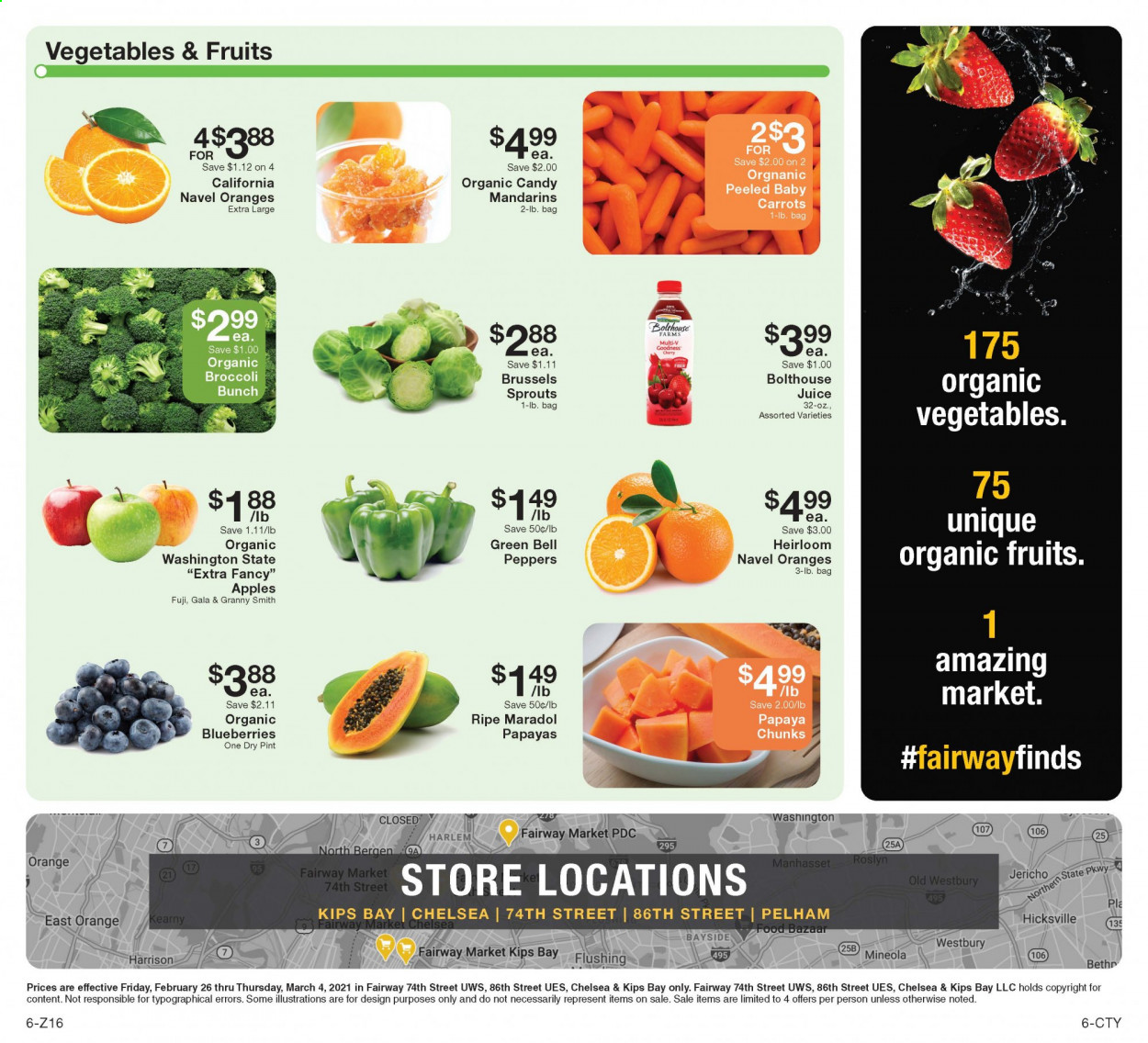 thumbnail - Fairway Market Flyer - 02/26/2021 - 03/04/2021 - Sales products - blueberries, papaya, apples, oranges, carrots, mandarines, juice, Gala. Page 6.