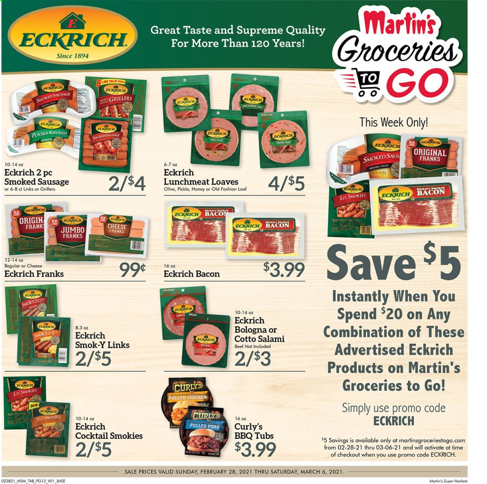 thumbnail - Martin’s Flyer - 02/28/2021 - 03/06/2021 - Sales products - bacon, salami, bologna sausage, sausage, smoked sausage, lunch meat, pulled chicken, pork meat, pulled pork. Page 12.