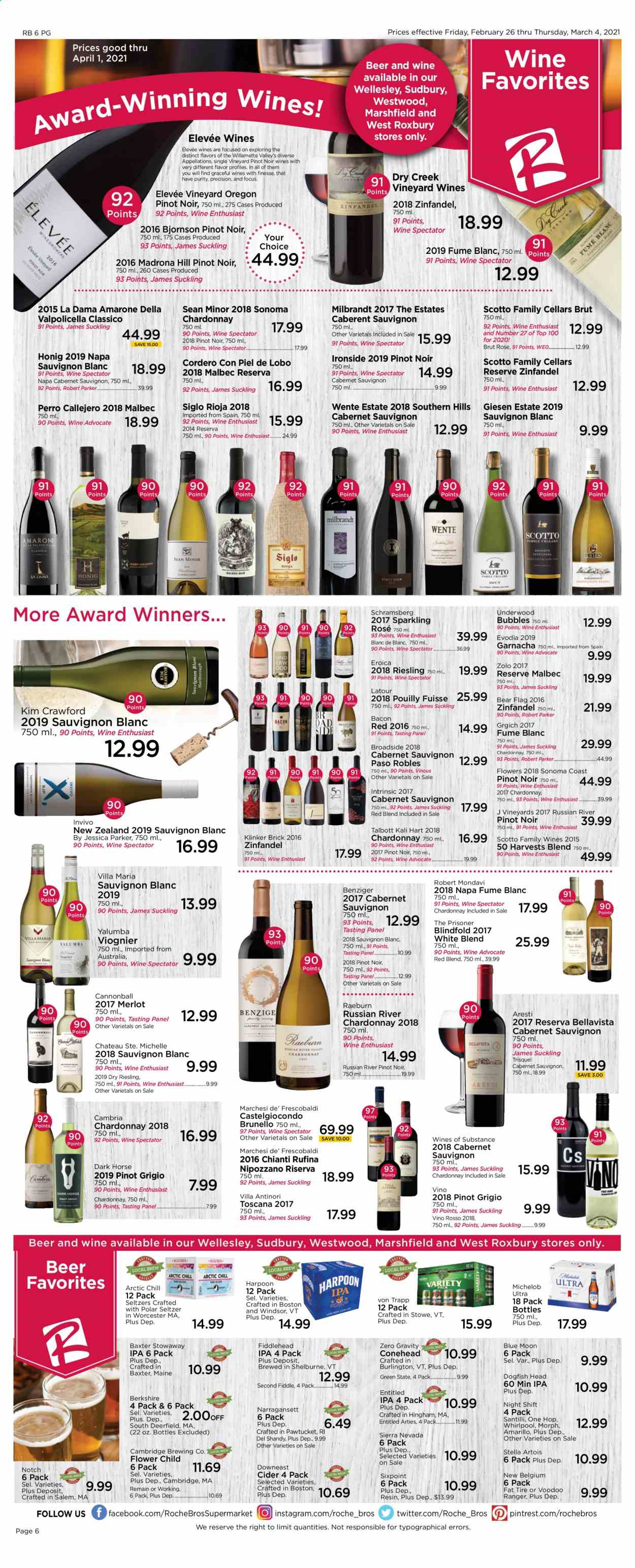 thumbnail - Roche Bros. Flyer - 02/26/2021 - 03/04/2021 - Sales products - Stella Artois, Blue Moon, Michelob, bacon, seltzer water, Cabernet Sauvignon, Riesling, Chardonnay, wine, Merlot, Pinot Noir, Pinot Grigio, Sauvignon Blanc, apple cider, beer, IPA, Brut, Hill's, rose. Page 6.