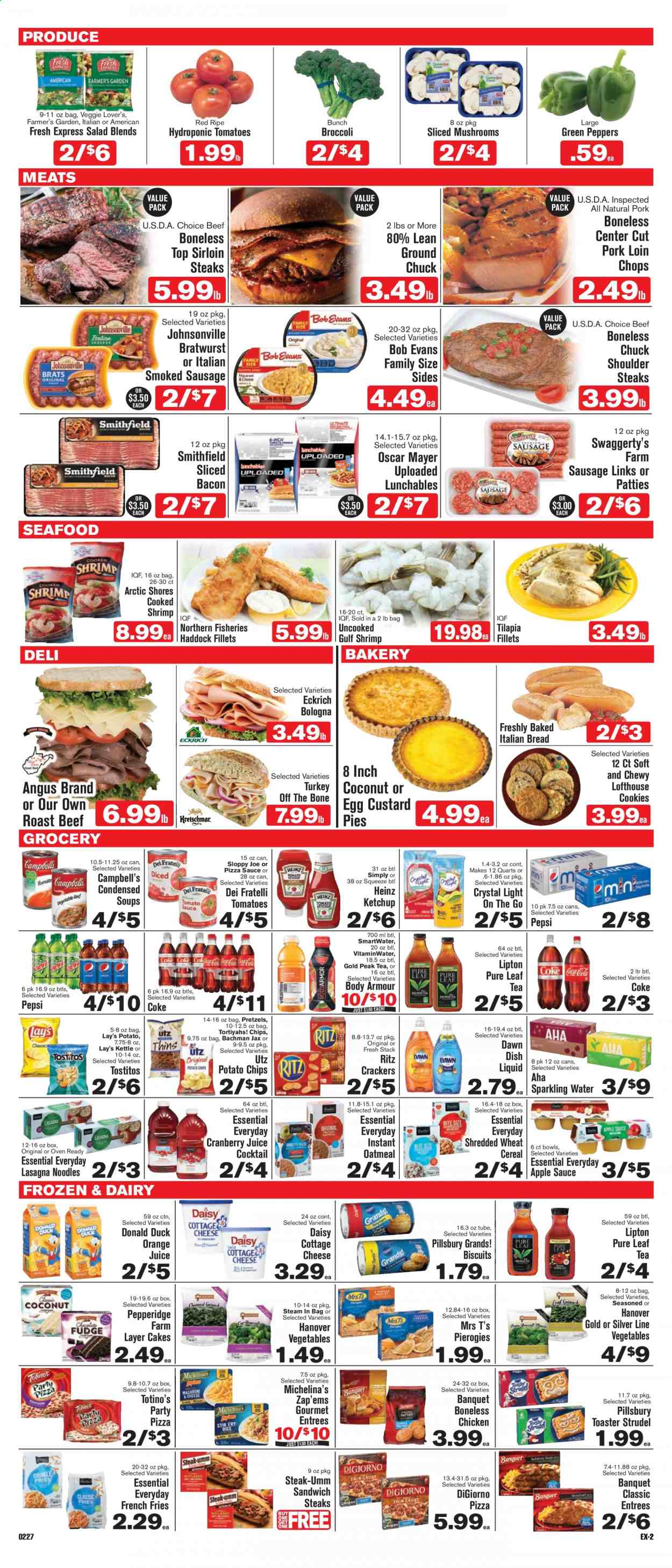 thumbnail - Shop ‘n Save Express Flyer - 02/27/2021 - 04/05/2021 - Sales products - mushrooms, bread, pretzels, Johnsonville, cake, strudel, coconut, beef meat, ground chuck, steak, roast beef, sirloin steak, Bob Evans, pork loin, pork meat, tilapia, haddock, seafood, shrimps, Arctic Shores, Campbell's, pizza, sandwich, salad, Pillsbury, lasagna meal, Lunchables, bacon, bologna sausage, Oscar Mayer, bratwurst, sausage, smoked sausage, cottage cheese, cheese, custard, potato fries, french fries, cookies, fudge, crackers, biscuit, RITZ, Lay’s, Thins, Tostitos, oatmeal, Heinz, cereals, noodles, ketchup, apple sauce, Coca-Cola, cranberry juice, Pepsi, orange juice, juice, Lipton, Gold Peak Tea, sparkling water, tea, Pure Leaf. Page 2.