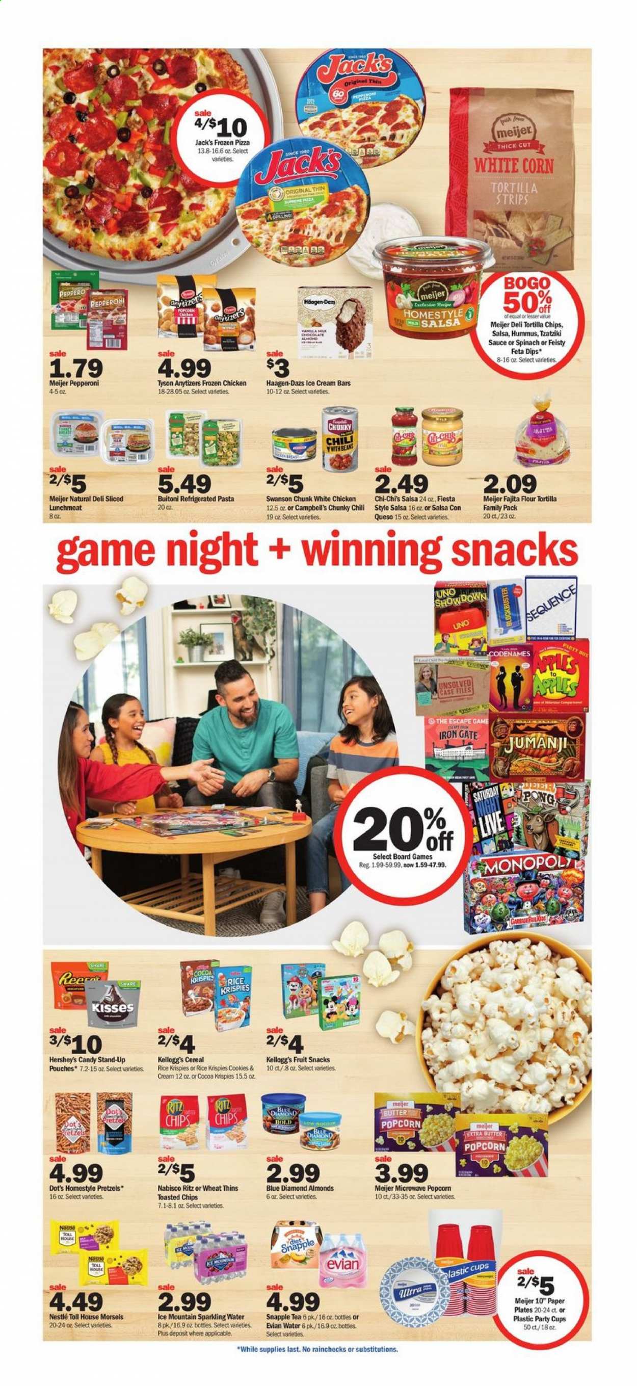 thumbnail - Meijer Flyer - 02/28/2021 - 03/06/2021 - Sales products - pretzels, apples, Campbell's, pizza, fajita, Buitoni, pepperoni, tzatziki, hummus, lunch meat, feta, butter, salsa, ice cream, ice cream bars, Hershey's, Häagen-Dazs, beans, corn, cookies, Nestlé, chocolate, Kellogg's, fruit snack, RITZ, tortilla chips, Thins, popcorn, cocoa, flour, cereals, Rice Krispies, pasta, almonds, Blue Diamond, Snapple, sparkling water, Ice Mountain, tea, plate, cup, paper. Page 9.