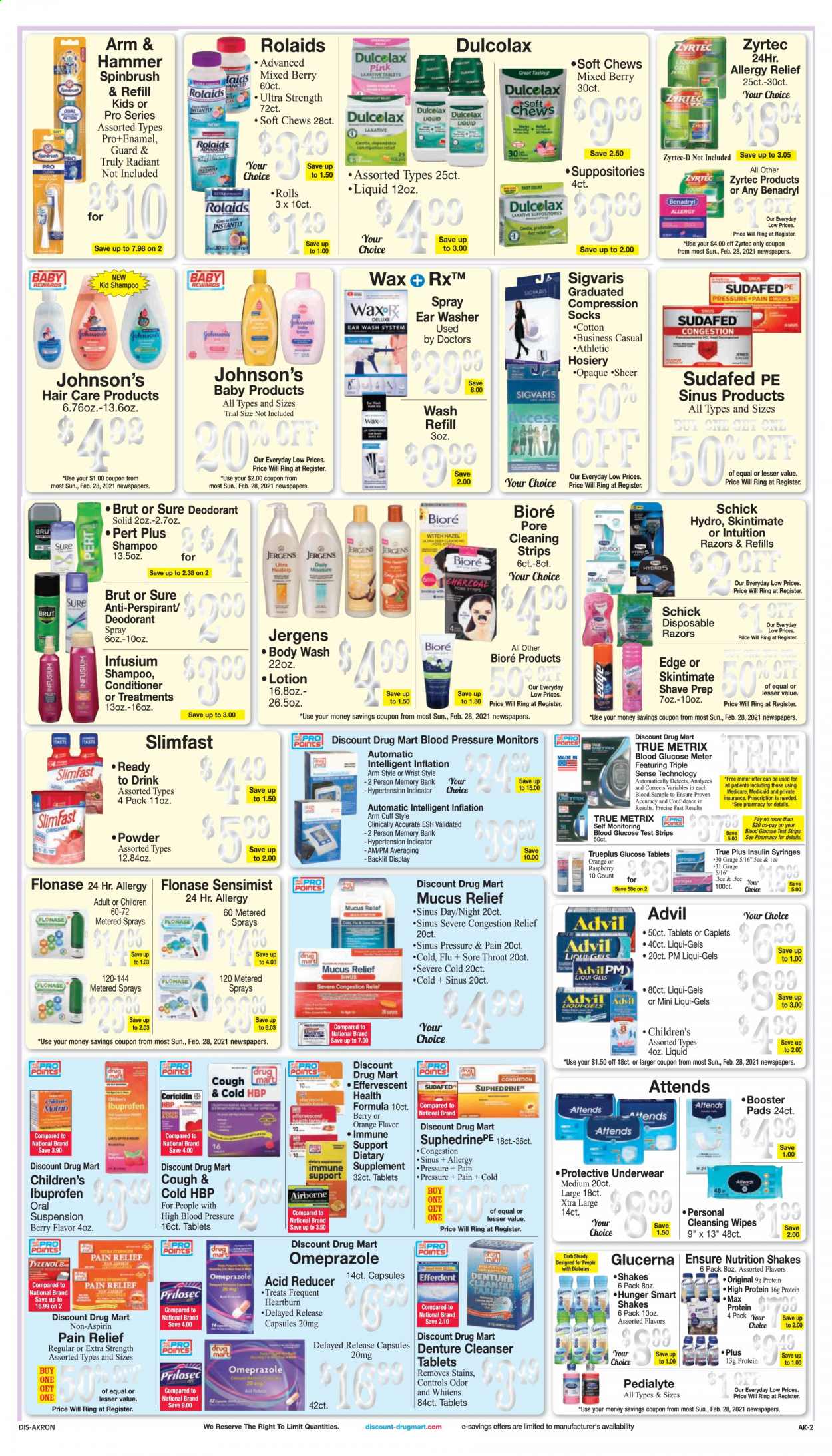 thumbnail - Discount Drug Mart Flyer - 03/03/2021 - 03/09/2021 - Sales products - oranges, Slimfast, shake, strips, chewing gum, TRULY, cleansing wipes, Johnson's, wipes, XTRA, body wash, shampoo, cleanser, Bioré®, conditioner, body lotion, Jergens, anti-perspirant, Sure, deodorant, Brut, Schick, disposable razor, pan, pain relief, Coricidin, Dulcolax, Mucinex, Sudafed, Tylenol, Zyrtec, Ibuprofen, Glucerna, Advil Rapid, laxative, aspirin, allergy relief, Motrin. Page 2.