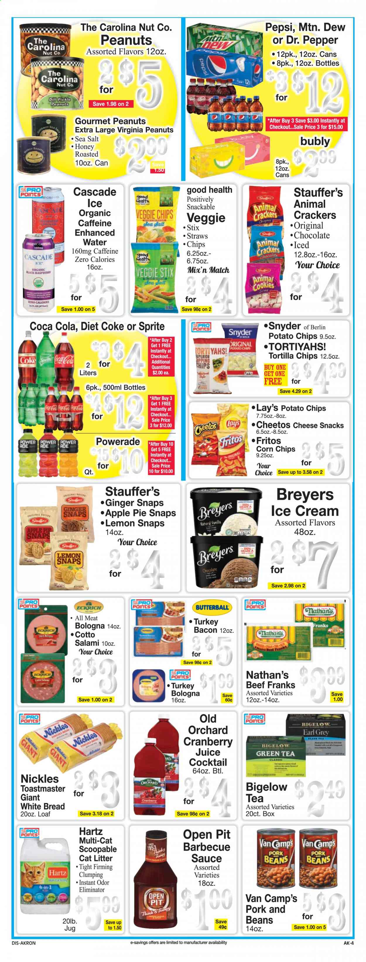 thumbnail - Discount Drug Mart Flyer - 03/03/2021 - 03/09/2021 - Sales products - bread, white bread, apple pie, pie, ginger, sauce, bacon, salami, turkey bacon, bologna sausage, cheese, ice cream, beans, cookies, chocolate, crackers, tortilla chips, potato chips, Cheetos, chips, snack, Lay’s, corn chips, sea salt, Fritos, dill, BBQ sauce, honey, peanuts, Coca-Cola, cranberry juice, Mountain Dew, Sprite, Powerade, Pepsi, juice, Dr. Pepper, Diet Coke, green tea, tea, Butterball, odor eliminator, Cascade, straw, cat litter, Apple. Page 4.