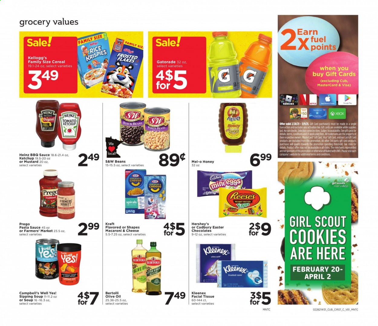 thumbnail - Cub Foods Flyer - 02/28/2021 - 03/06/2021 - Sales products - sweet potato, oranges, Campbell's, macaroni & cheese, soup, sauce, Kraft®, Bertolli, milk, Reese's, Hershey's, beans, cookies, chocolate, Kellogg's, Cadbury, Heinz, cereals, Rice Krispies, Frosted Flakes, black beans, BBQ sauce, mustard, ketchup, pasta sauce, olive oil, honey, peanut butter, Gatorade. Page 7.
