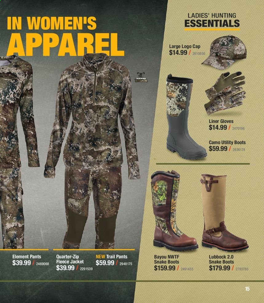 thumbnail - Cabela's Flyer - 02/27/2021 - 06/05/2021 - Sales products - boots, jacket, pants, cap, gloves. Page 15.