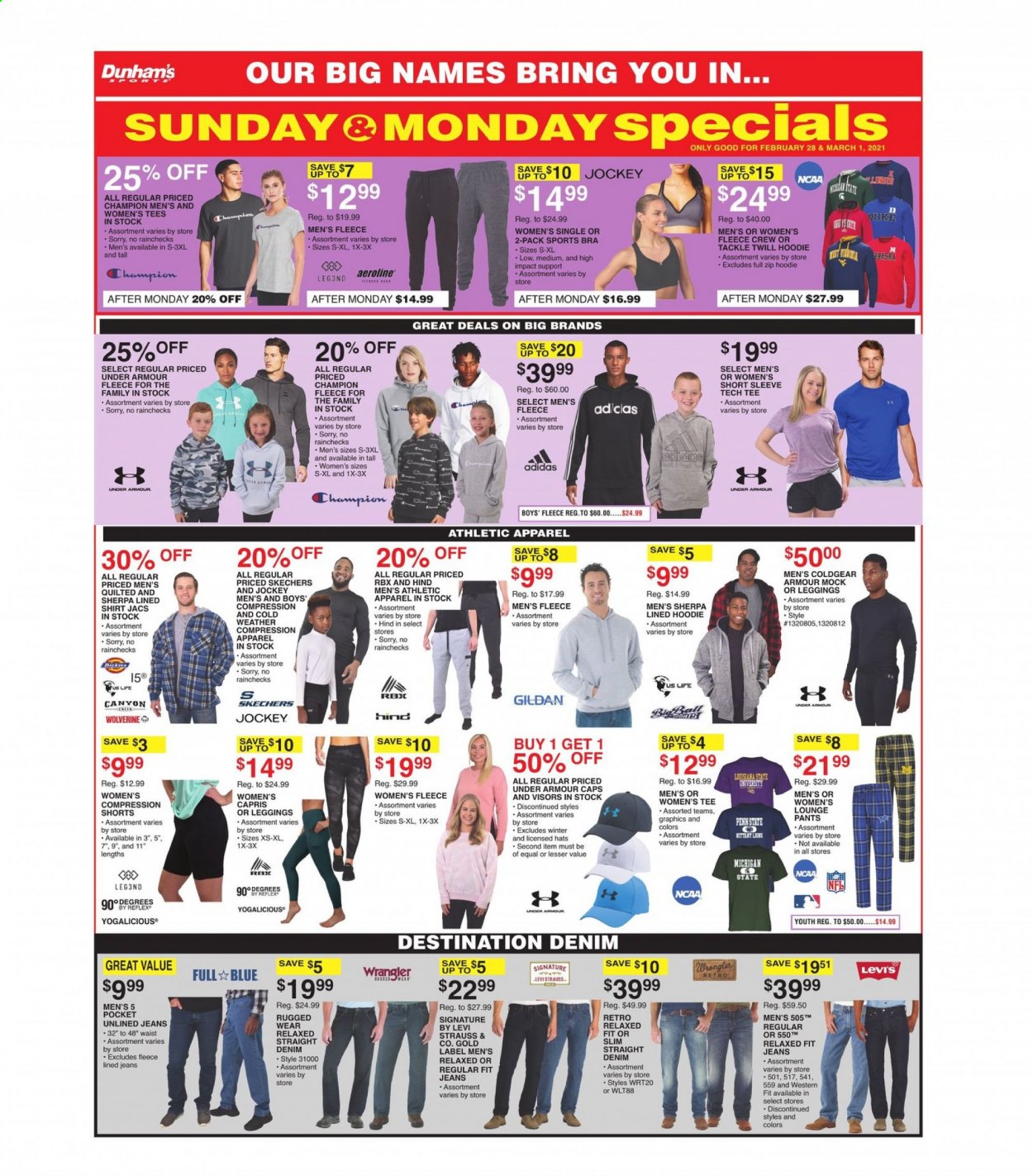 thumbnail - Dunham's Sports Flyer - 02/27/2021 - 03/04/2021 - Sales products - Adidas, Under Armour, jeans, Skechers, RBX, Levi's, pants, shirt, sherpa, hoodie, leggings, cap, hat, shorts, fishing rod, Penn, bra. Page 4.