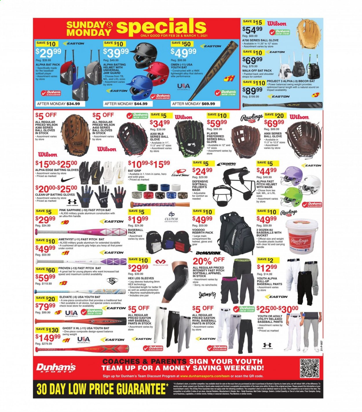 thumbnail - Dunham's Sports Flyer - 02/27/2021 - 03/04/2021 - Sales products - Under Armour, Wilson, pants, EASTON, gloves, helmet, baseball gloves, baseball bat, batting glove, batting helmet, baseball pack, bat grip, knee sleeve. Page 8.