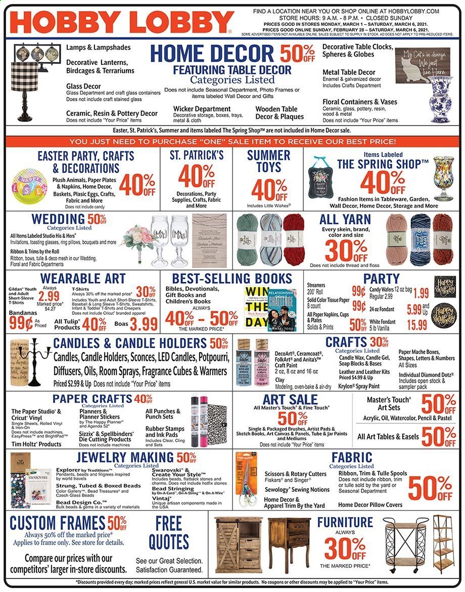 thumbnail - Hobby Lobby Flyer - 02/28/2021 - 03/06/2021 - Sales products - sticker, scissors, paper, pencil, canvas, ribbon, pillow cover, wall decor, vase. Page 1.