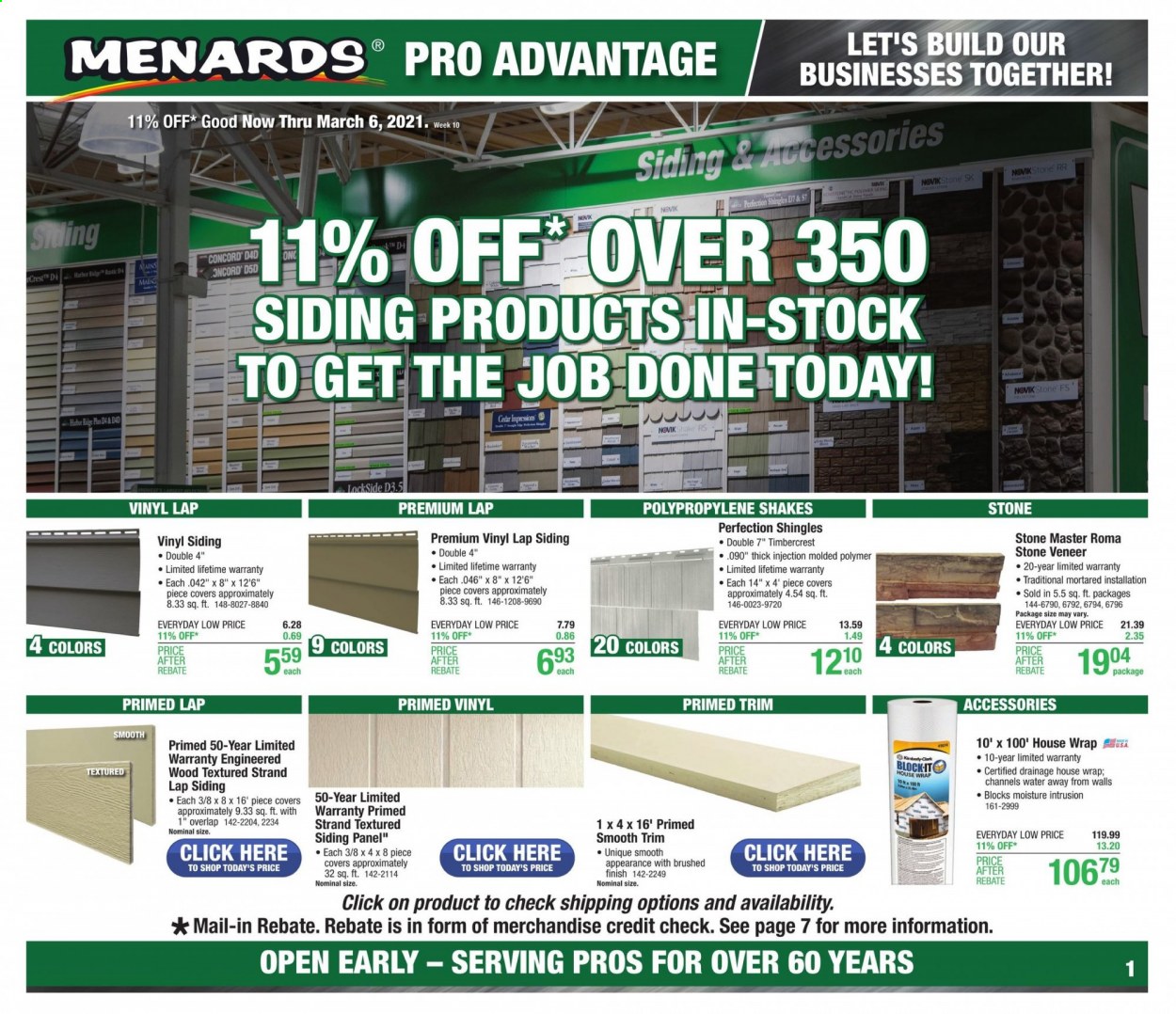 thumbnail - Menards Flyer - 02/28/2021 - 03/06/2021 - Sales products - vinyl, shingle, siding. Page 1.