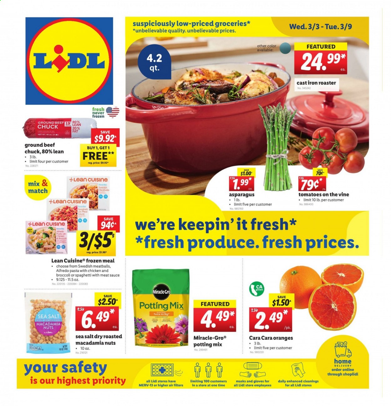 thumbnail - Lidl Flyer - 03/03/2021 - 03/09/2021 - Sales products - oranges, meatballs, sauce, Lean Cuisine, sea salt, pasta, macadamia nuts, beef meat, ground beef, pan, roaster, gloves, potting mix. Page 1.