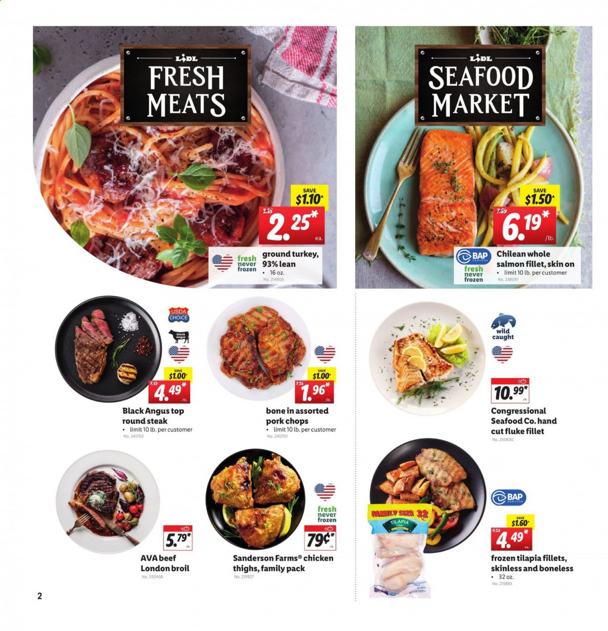 thumbnail - Lidl Flyer - 03/03/2021 - 03/09/2021 - Sales products - salmon, salmon fillet, tilapia, seafood, ground turkey, beef meat, steak, round steak, pork chops, pork meat. Page 2.