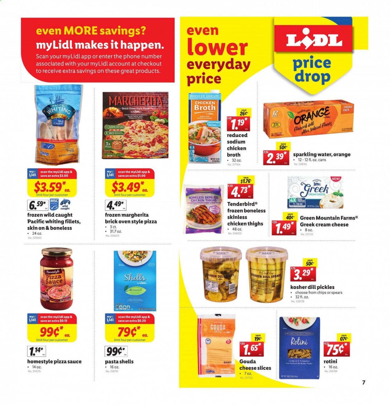 thumbnail - Lidl Flyer - 03/03/2021 - 03/09/2021 - Sales products - oranges, whiting, cream cheese, pizza, gouda, sliced cheese, cheese, pickles, chicken broth, broth, macaroni, pasta, dill, sparkling water, Green Mountain, Cook's, chicken thighs, car battery. Page 7.