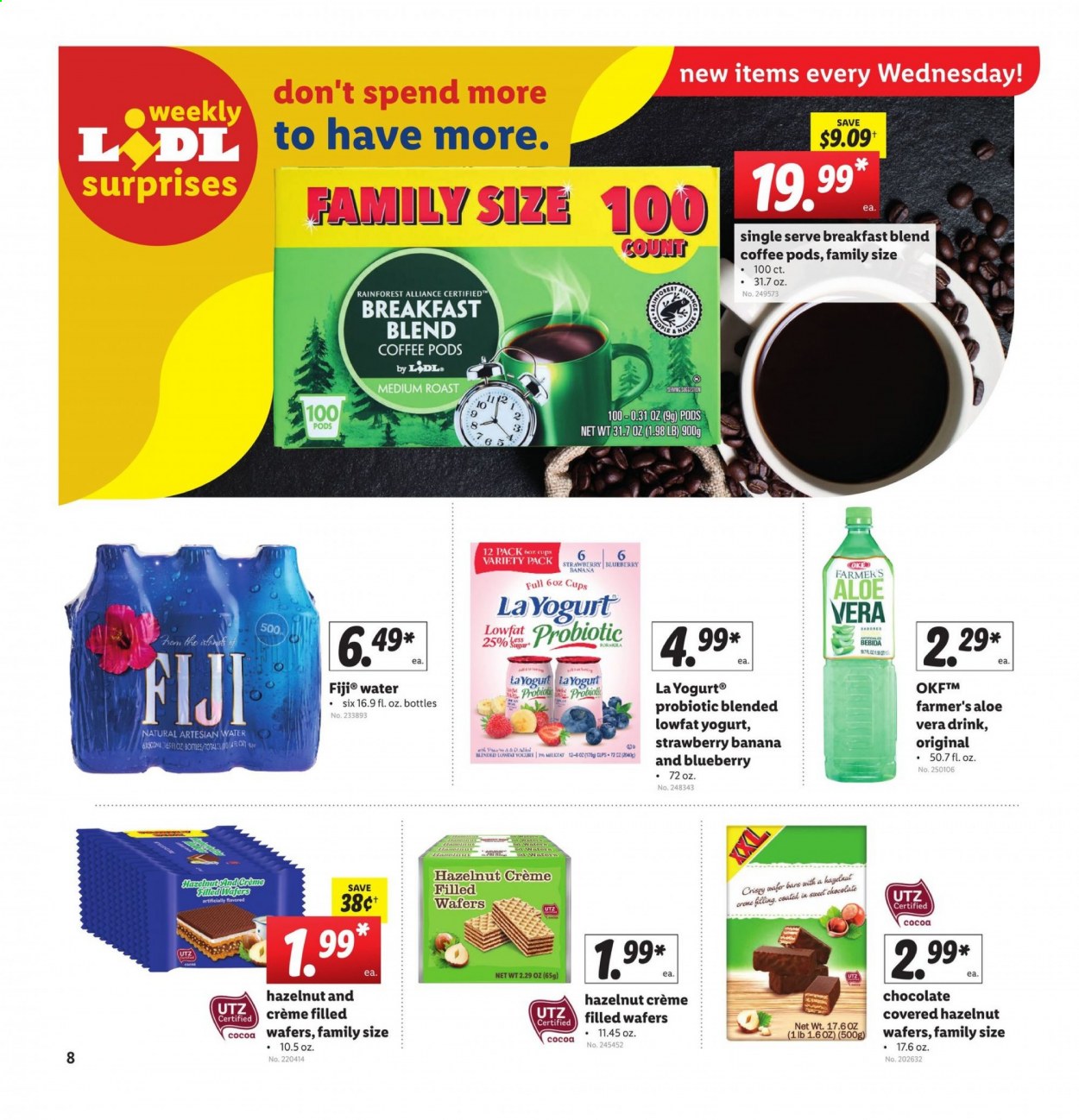 thumbnail - Lidl Flyer - 03/03/2021 - 03/09/2021 - Sales products - yoghurt, wafers, chocolate, cocoa, coffee pods, breakfast blend, cup. Page 8.