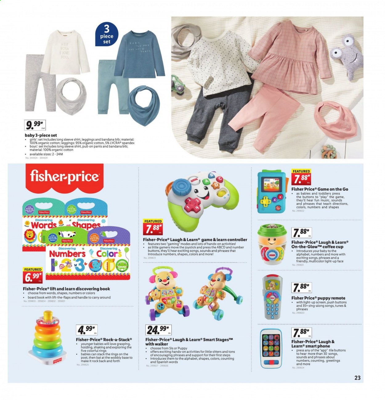 thumbnail - Lidl Flyer - 03/03/2021 - 03/09/2021 - Sales products - Ron Pelicano, coffee cup, cup, book, pants, long-sleeve shirt, shirt, leggings, Fisher-Price, bib. Page 23.