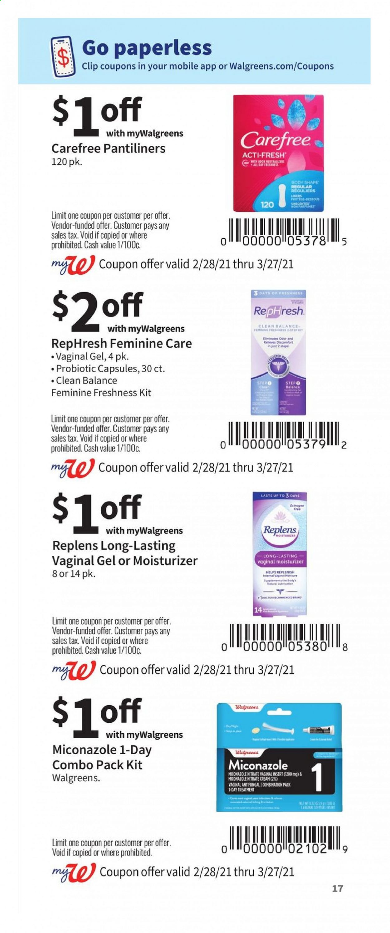 thumbnail - Walgreens Flyer - 02/28/2021 - 03/27/2021 - Sales products - pantiliners, Carefree, moisturizer. Page 17.