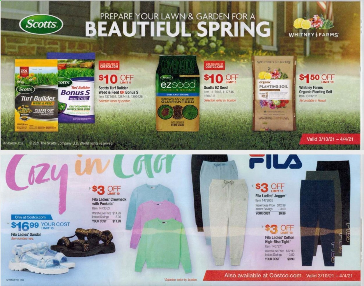 thumbnail - Costco Flyer - 03/10/2021 - 04/04/2021 - Sales products - Fila, sandals, Clover, plant seeds, turf builder. Page 2.