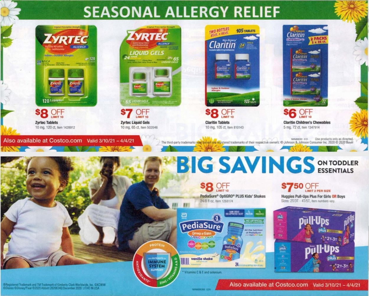 thumbnail - Costco Flyer - 03/10/2021 - 04/04/2021 - Sales products - shake, Huggies, Johnson's, Disney, Gain, Zyrtec, zinc, Bayer, allergy relief. Page 4.