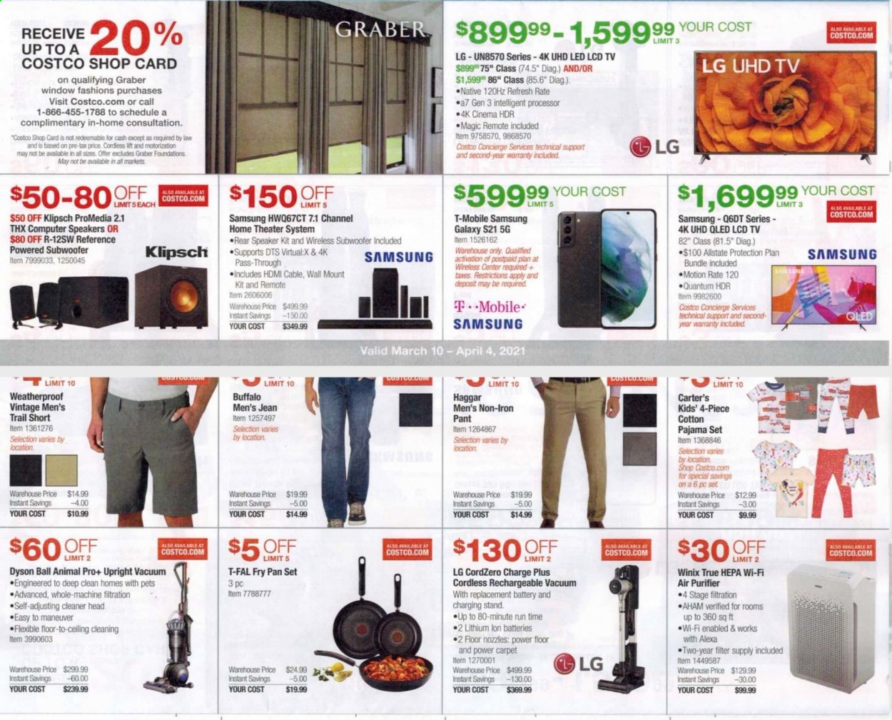 thumbnail - Costco Flyer - 03/10/2021 - 04/04/2021 - Sales products - LG, Samsung Galaxy, cleaner, pan, battery, Samsung, Samsung Galaxy S, Samsung Galaxy S21, charging stand, computer, HDMI cable, UHD TV, TV, home theater, speaker, subwoofer, wireless subwoofer, air purifier, Dyson, vacuum cleaner, iron. Page 5.