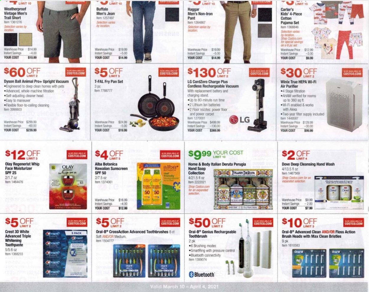 thumbnail - Costco Flyer - 03/10/2021 - 04/04/2021 - Sales products - LG, Dove, cleaner, hand soap, hand wash, soap, toothbrush, Oral-B, toothpaste, Crest, moisturizer, Olay, pan, battery, charging stand, air purifier, Dyson, vacuum cleaner, iron. Page 6.