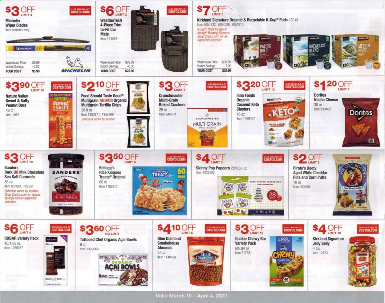 thumbnail - Costco Flyer - 03/10/2021 - 04/04/2021 - Sales products - puffs, coconut, Quaker, cheddar, cheese, jelly, milk chocolate, chocolate, crackers, Kellogg's, dark chocolate, Doritos, tortilla chips, chips, popcorn, Skinny Pop, Rice Krispies, Nature Valley, almonds, roasted peanuts, peanuts, Blue Diamond, coffee capsules, K-Cups, Keurig, breakfast blend, bag, plant seeds, wiper blades, Michelin. Page 8.